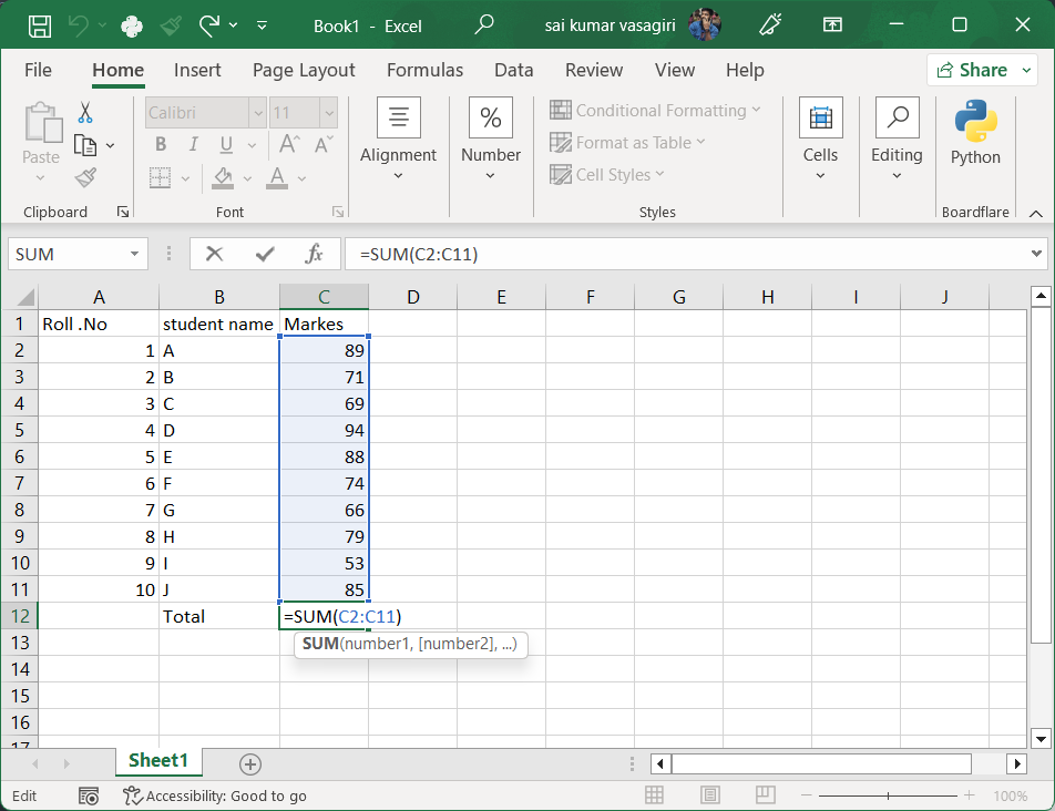 Example of using formulas in Excel